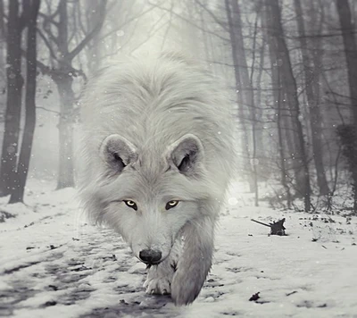 Lobo branco majestoso vagando por uma floresta de inverno nevoenta