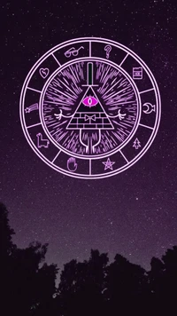 Mystical Bill Cipher Symbol Against a Starry Night Sky