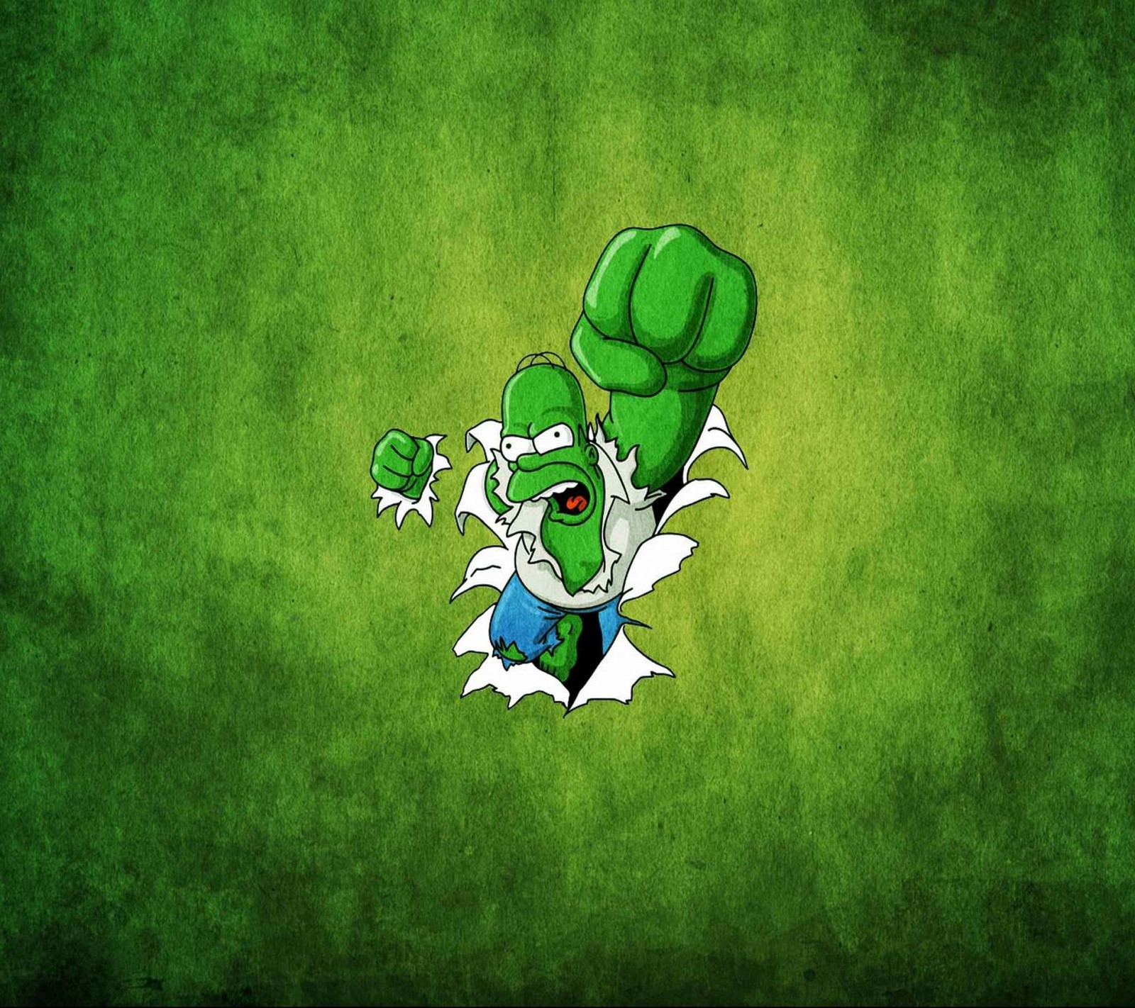 Un personnage de dessin animé vert avec un poing dans la main (homère, hulk)