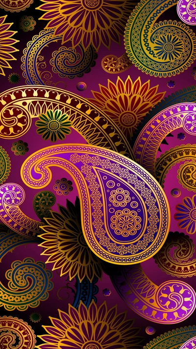 Vibrant Abstract Paisley Pattern with Golden Accents on a Deep Purple Background