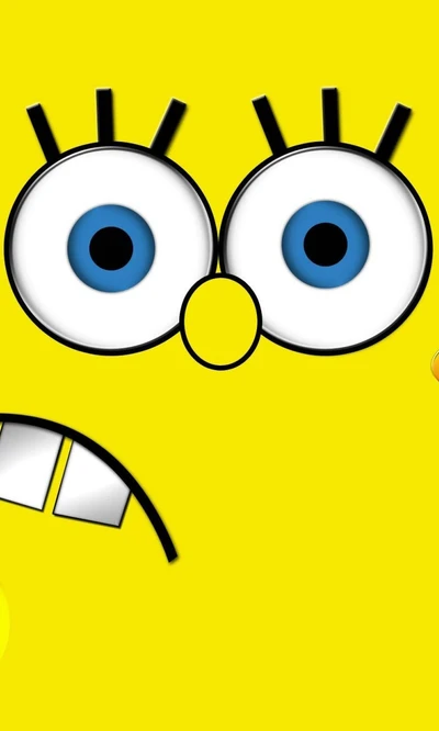 SpongeBob SquarePants avec une expression faciale exagérée sur un fond jaune vif.