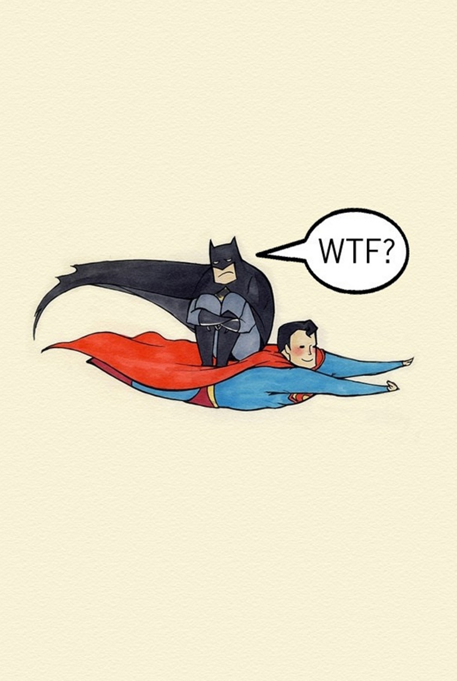 Batman and superman flying in the air with a speech bubble above them (batman, cute, lol, superman)