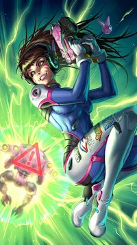 D.Va in action, energetically piloting her mech amidst vibrant energy bursts.