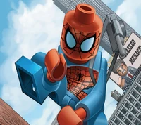 Lego Spiderman en acción sobre el paisaje urbano