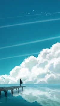 anime, nubes, mar