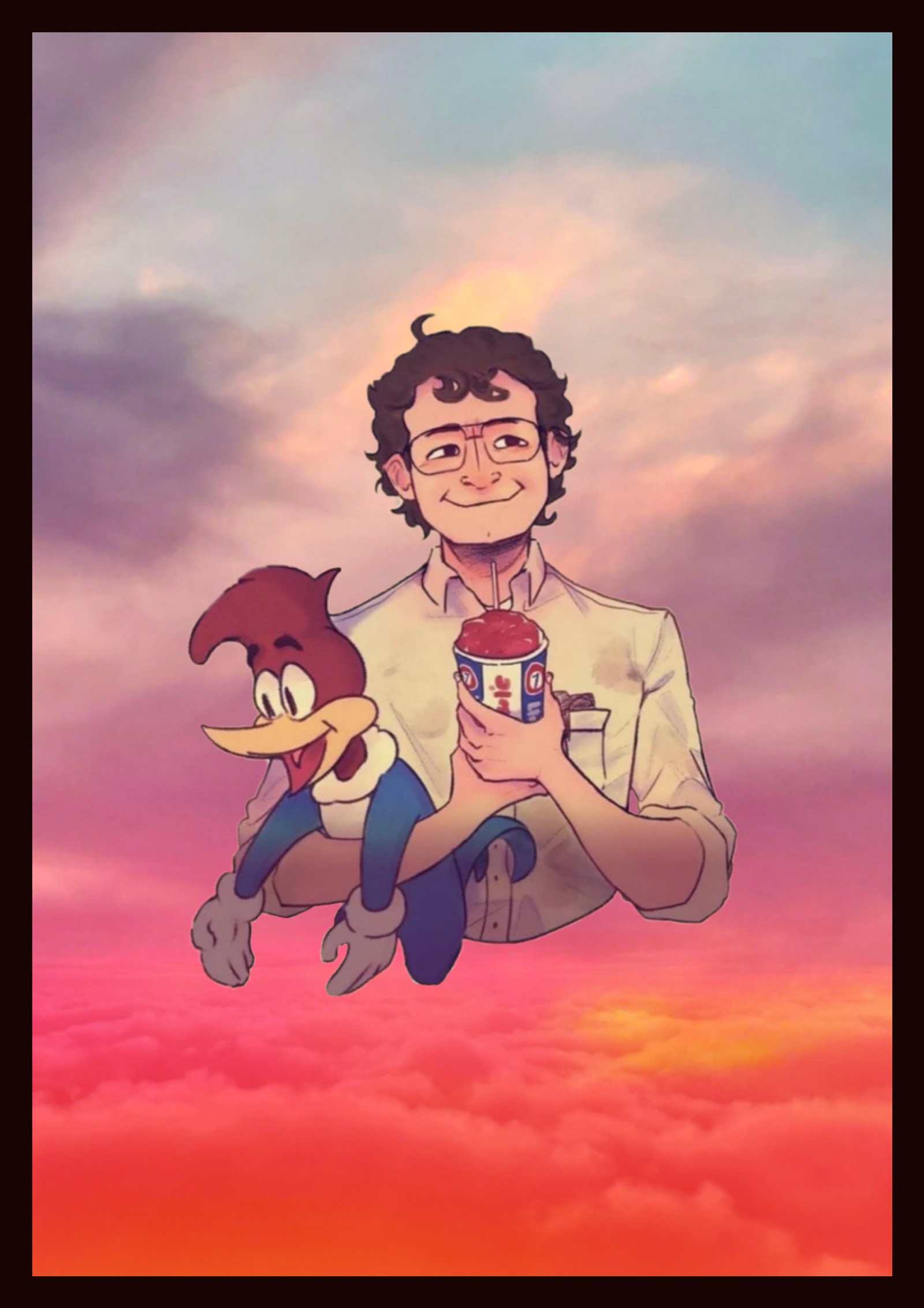 Caricatura de un hombre sosteniendo un pájaro y un pajarito en sus manos (alexei, stranger things)