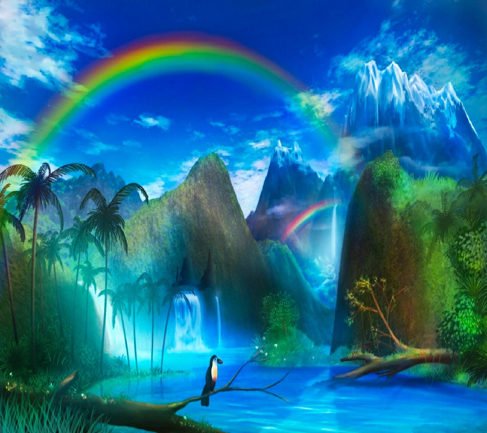 A brightly colored rainbow over a waterfall and a bird on a branch (beautiful, flowers, nature)