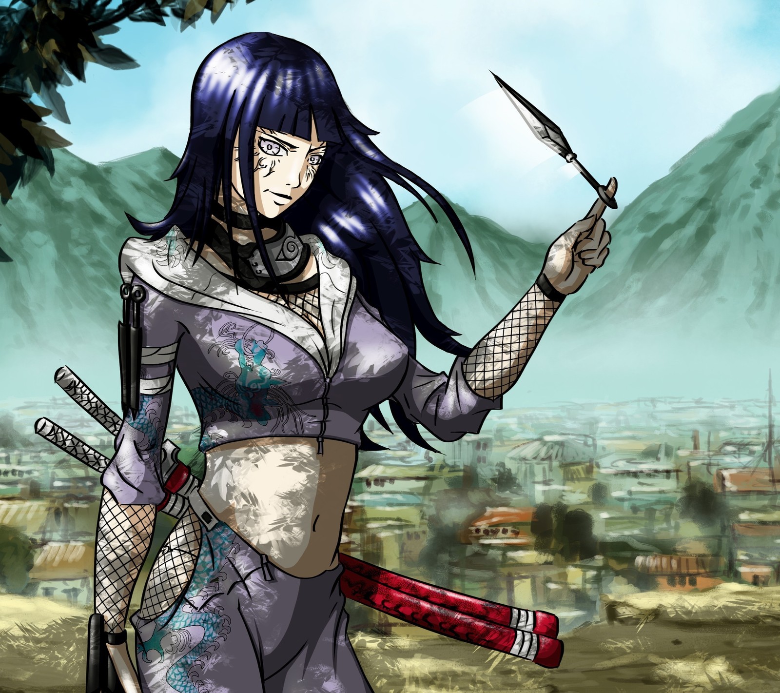 Anime girl with purple hair holding a knife and a knife in her hand (heth, rher)