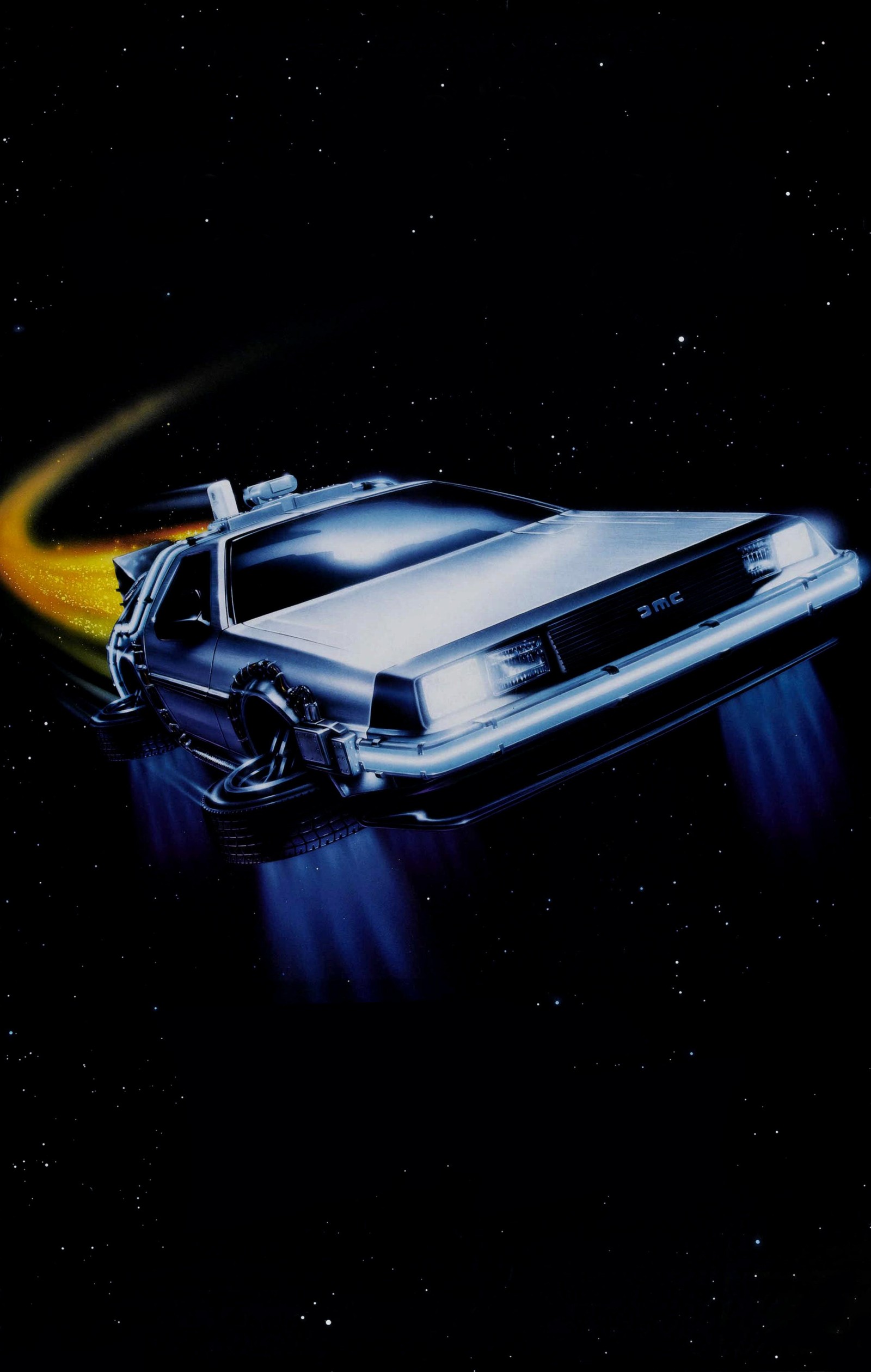 Un delorean arafed con una cola brillante que sale de la parte trasera (atrás, futuro, hd, película, the)