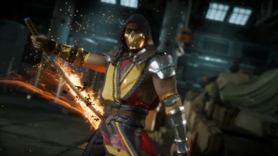 Скорпион с катаной в Mortal Kombat 11 с огненными эффектами.