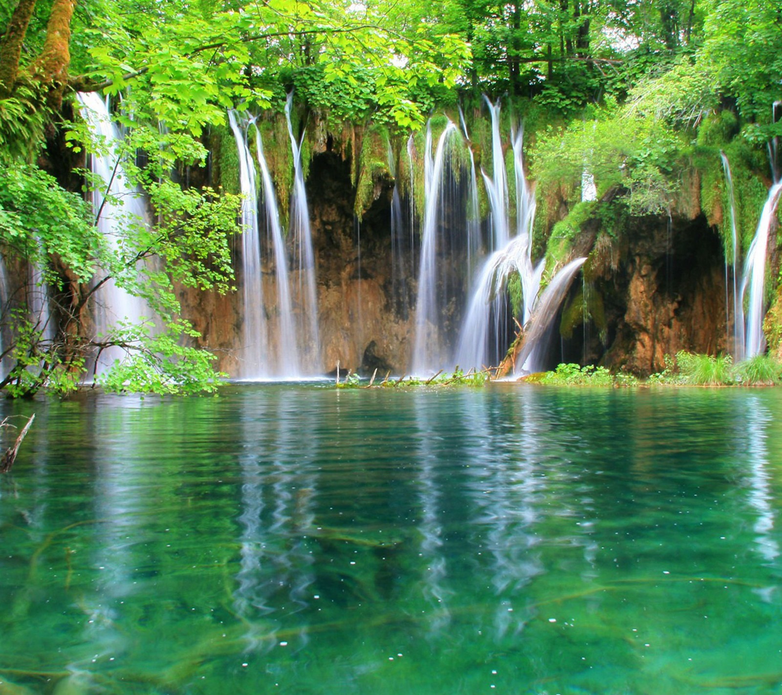 A view of a waterfall in the middle of a forest (falls, water)