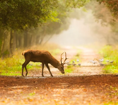 Serene Forest Path with Deer Among Trees