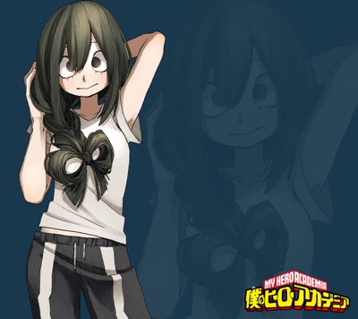 Tsuyu Asui de Mon héros académie pose de manière ludique avec ses cheveux coiffés, montrant sa personnalité joyeuse.