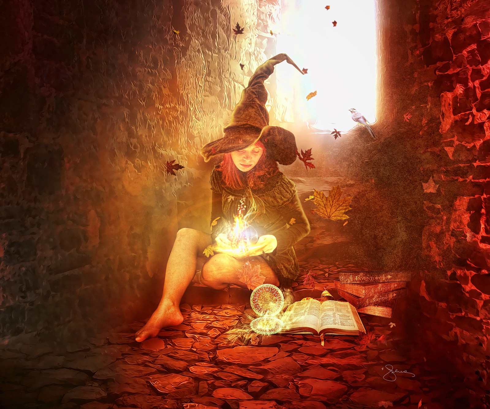 There is a woman sitting on the ground with a book and a candle (art, elf, fantasy, halloween, witch)