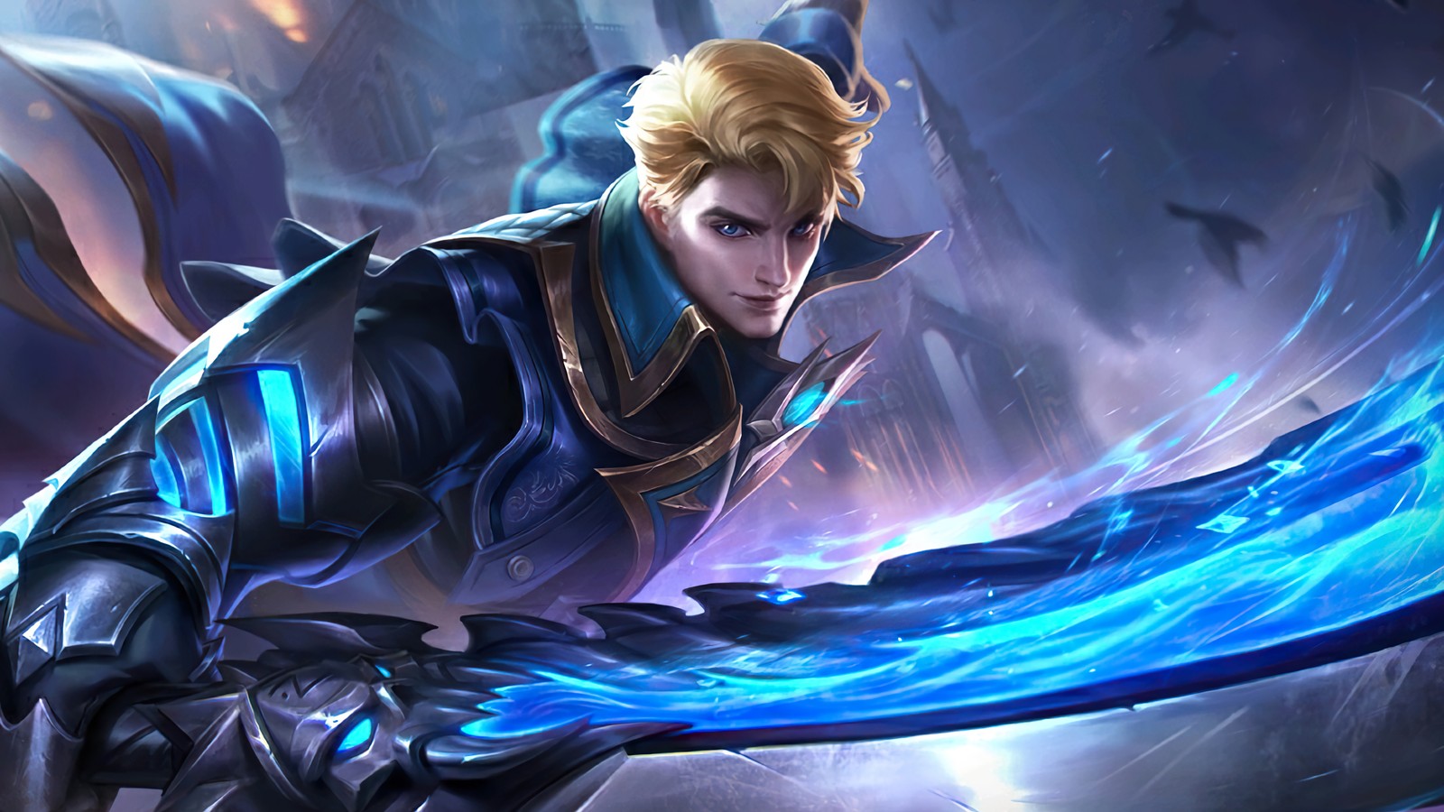 Un homme en armure tenant une épée avec des lumières bleues (alucard, rénové, mobile legends, bang bang, mlbb)