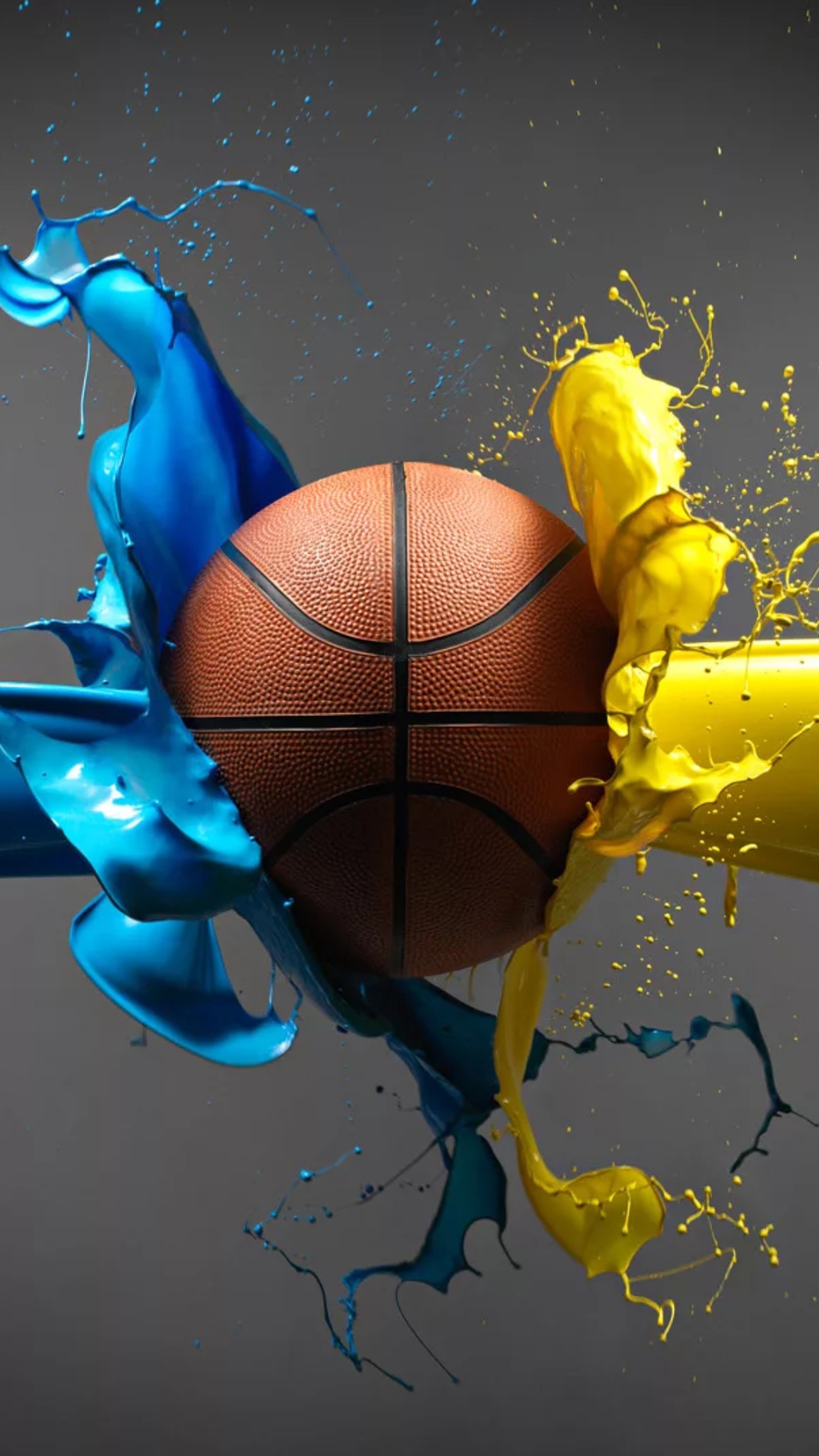 Arafed basketball ball with blue and yellow paint splashing around it (abstract, ball, basketball, blue, game)