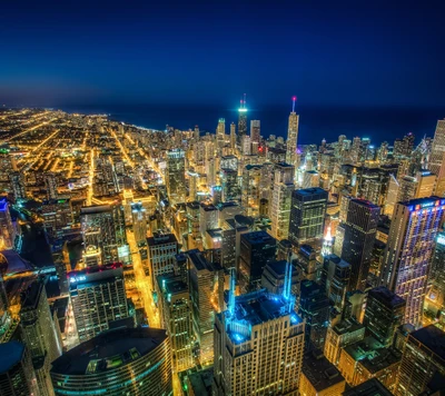 edificio, chicago, ciudad, noche, rascacielos