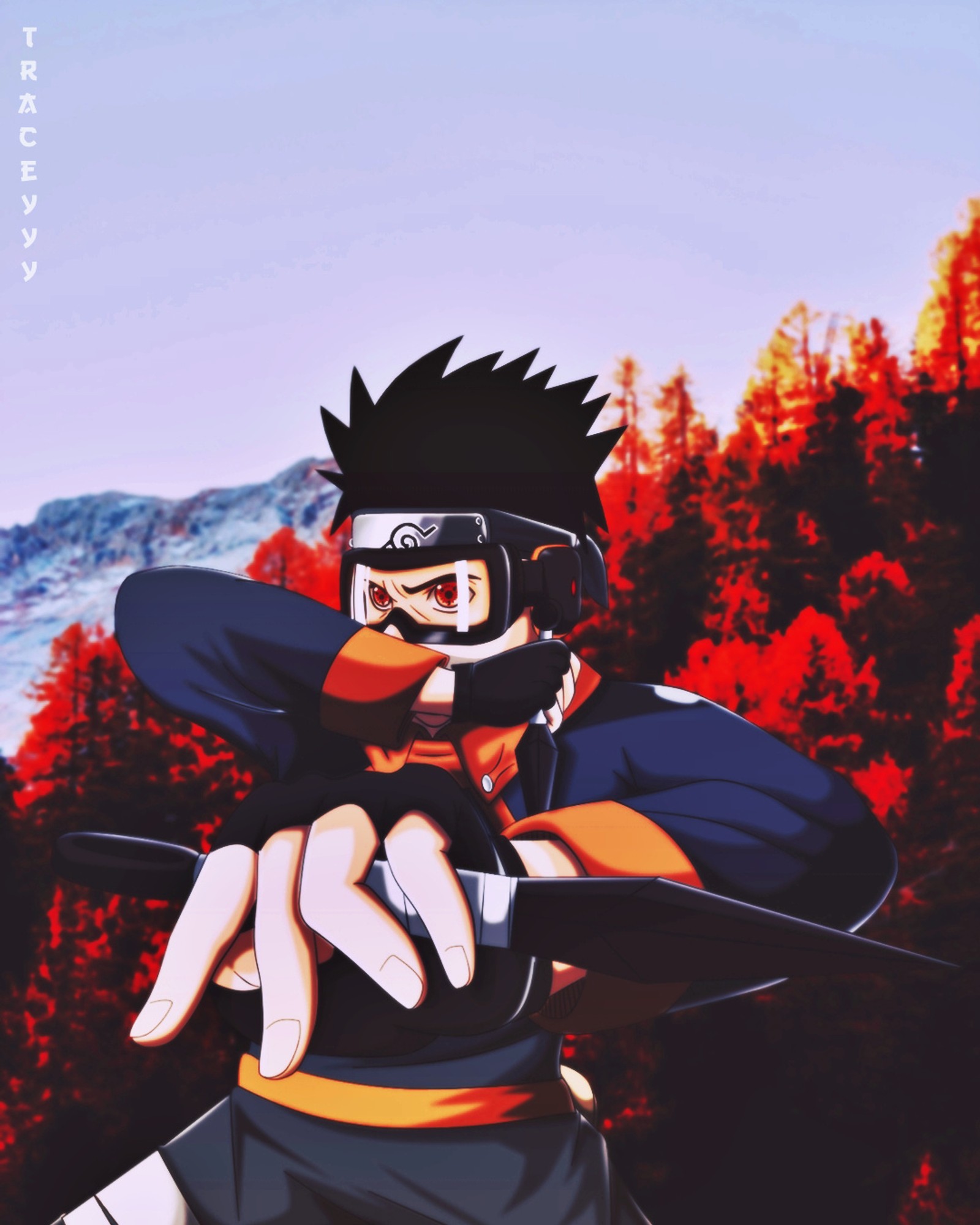 Anime-charakter mit einer brille und schwarzem outfit vor einem berg (anime, naruto, obito, uchiha, obito uchiha)