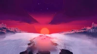 sunset, horizon, snow, digital art wallpaper