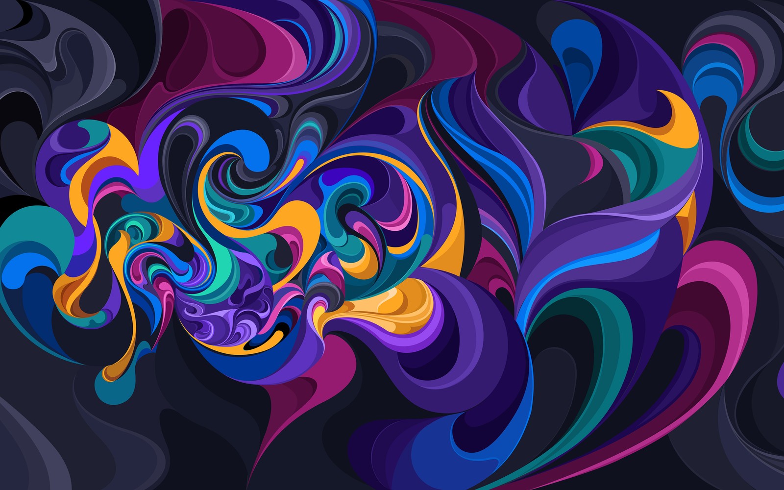 A colorful abstract painting of swirls and waves on a black background (design, graphic design, art, purple, psychedelic art)