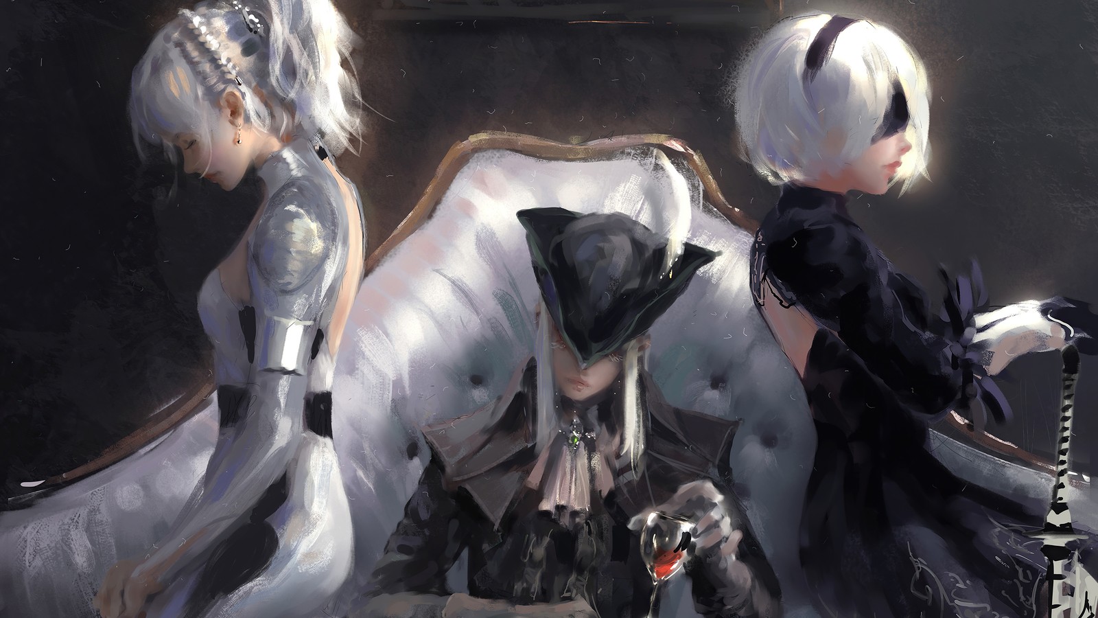 Pintura de dos mujeres en blanco y negro sentadas en un sofá (yorha 2b, yorha no 2 tipo b, yorha no 2 type b, lunafreya nox fleuret, lady maria of the astral clocktower)