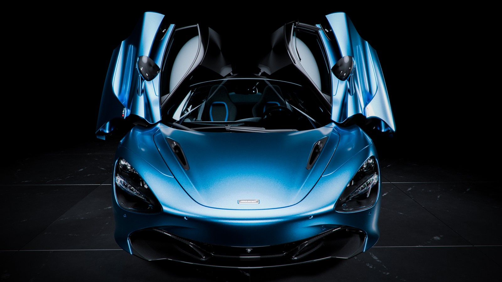 Une voiture de sport bleue avec les portes ouvertes dans une pièce sombre (mclaren 720s, arrière plan sombre, voitures de sport, voitures, fond décran 4k)