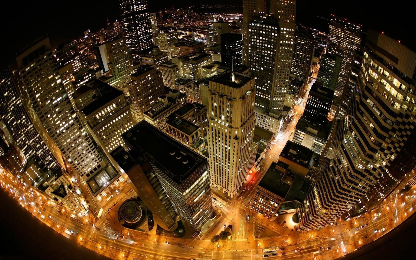 fisheye lens, night, city, cityscape, metropolis wallpaper