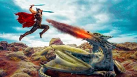 Epic Battle: Thor Confronts a Dragon in Mythical Skies