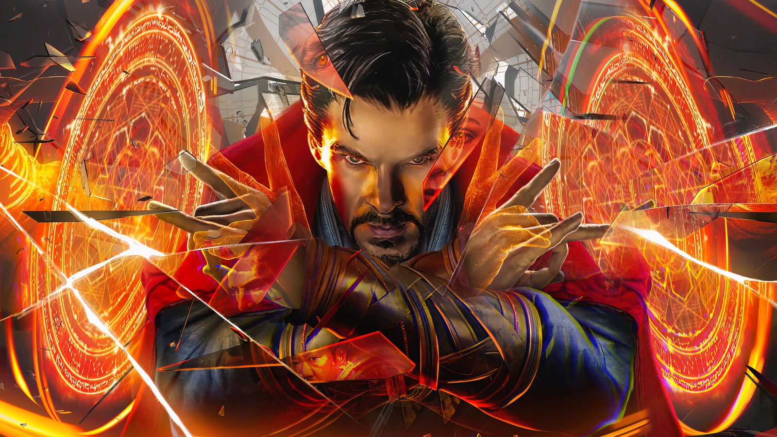 Un hombre en una túnica roja sosteniendo una espada y rodeado de fuego (doctor strange en el multiverso de la locura, doctor strange 2, película, 2022, dr stephen strange)