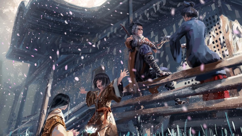 Пара людей стоит на деревянной платформе в снежной местности (sekiro shadows die twice, видеоигра, персонажи, искусство)