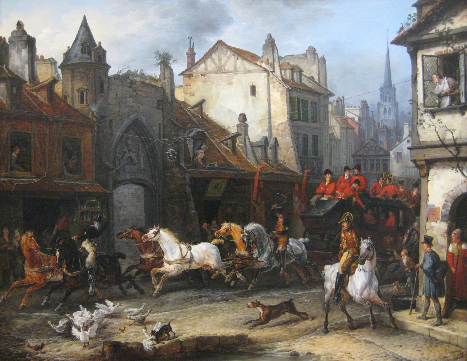 Peinture d'une calèche tirée par des chevaux dans une rue de la ville avec des gens et des chiens (peinture, peinture à lhuile, moyen âge, arts visuels, peintre)