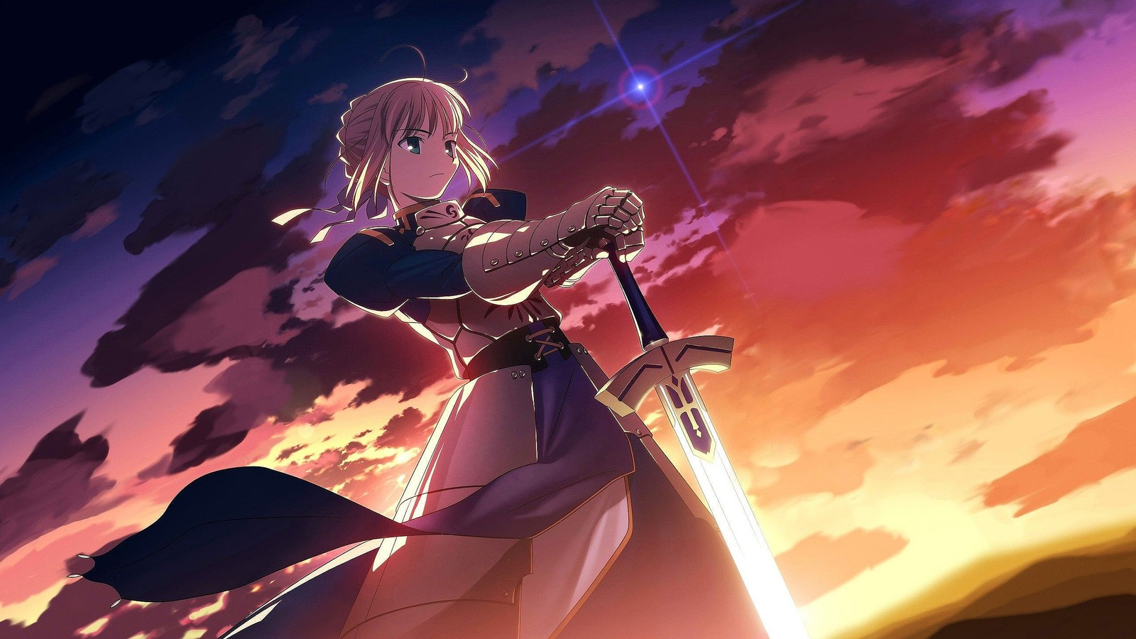 Une femme en robe longue tenant une épée devant un coucher de soleil (sabre, fatezero, anime, art danime, shirou emiya)