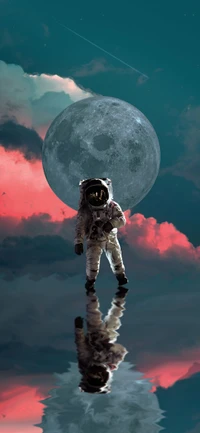 An Astronaut Walking on a Reflective Surface Under a Dramatic Moonlit Sky