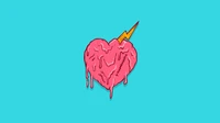 drippy heart, melting heart, pink heart, turquoise background, simple wallpaper