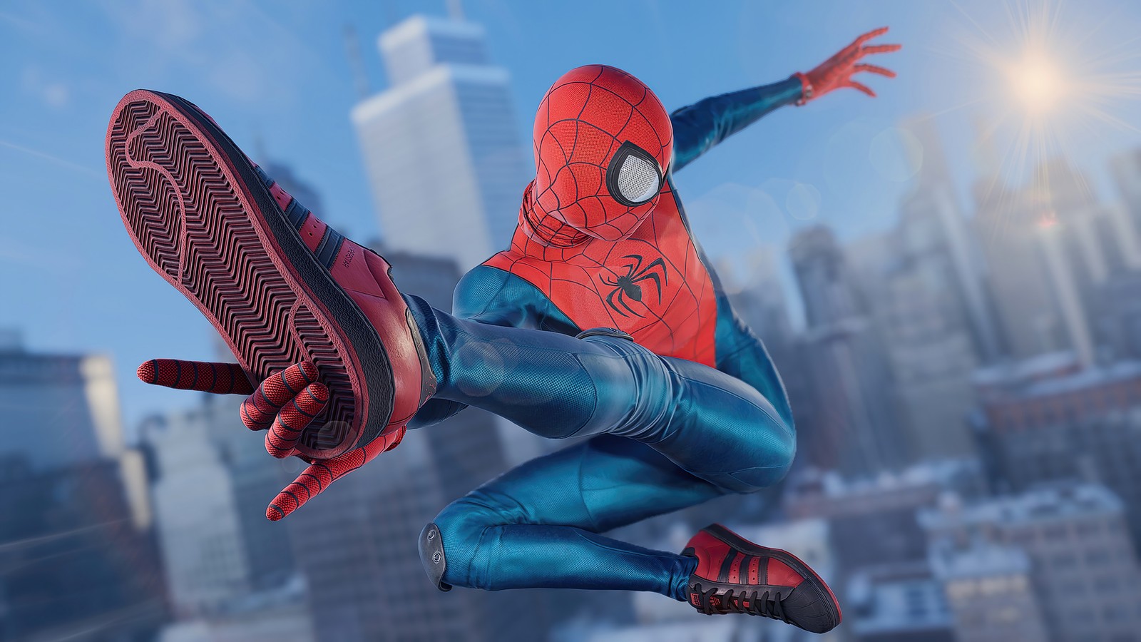 Homme araignée saute dans les airs devant une ligne d'horizon de la ville (marvels spider man miles morales, playstation 5, ps5, ps4, jeu vidéo)