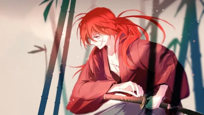 Kenshin Himura dans un cadre de bambou tranquille, incarnant l'esprit d'un samouraï errant.