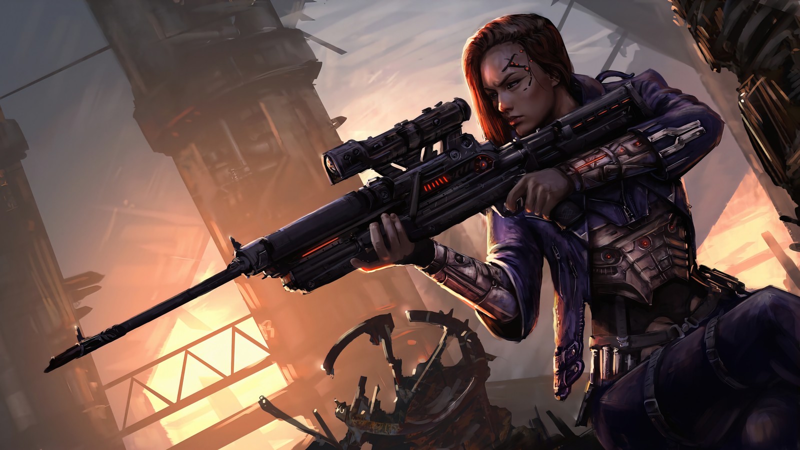 A woman holding a rifle in a city with a building in the background (sniper, girls, sci fi, art)