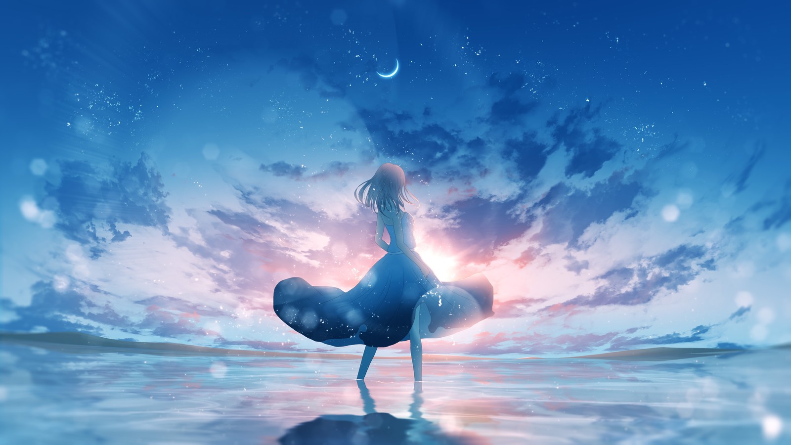 anime girl, aesthetic, dream, happy girl, moon wallpaper