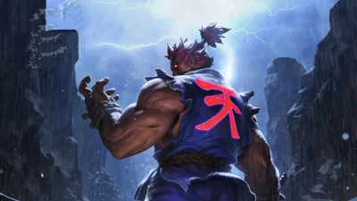 Akuma em uma paisagem urbana tempestuosa - Papel de parede 4K de Street Fighter