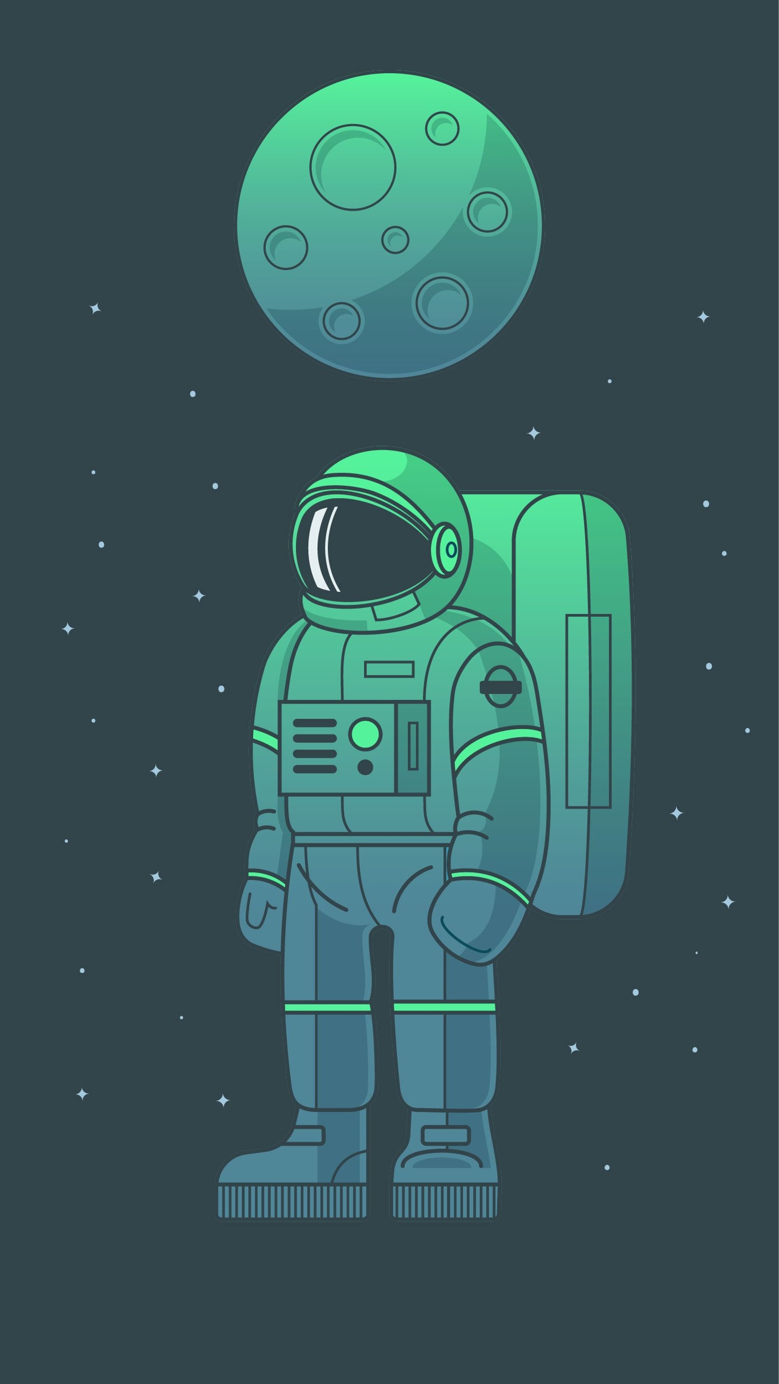 Illustration of a spaceman with a backpack and a moon (cartoon, drawing, space, icon, art)