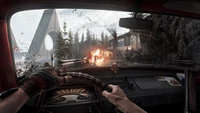 Intense gameplay perspective from "Atomic Heart," showcasing a dramatic scene with explosions and a dynamic environment.