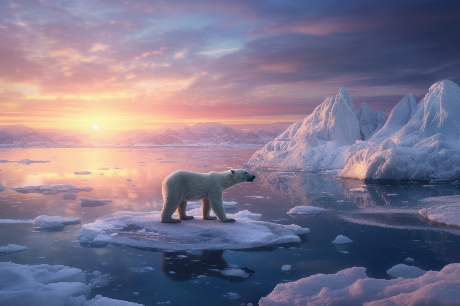 Peinture d'un ours polaire debout sur un iceberg dans l'océan (lever de soleil, ours polaire, ice bergs, surréaliste, esthétique)