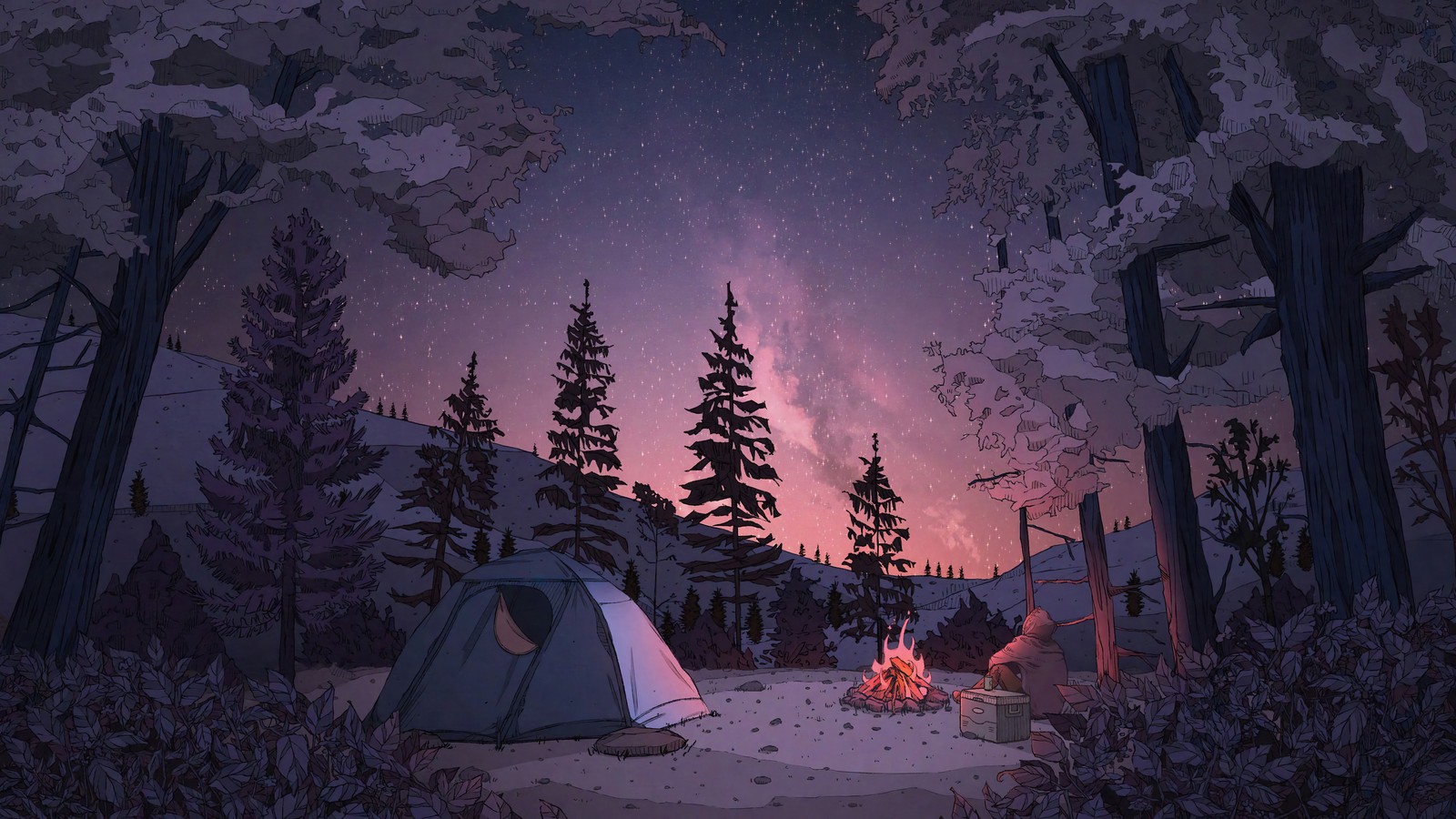 A close up of a tent in the woods with a campfire (camping, alone, bonfire, campfire, forest)