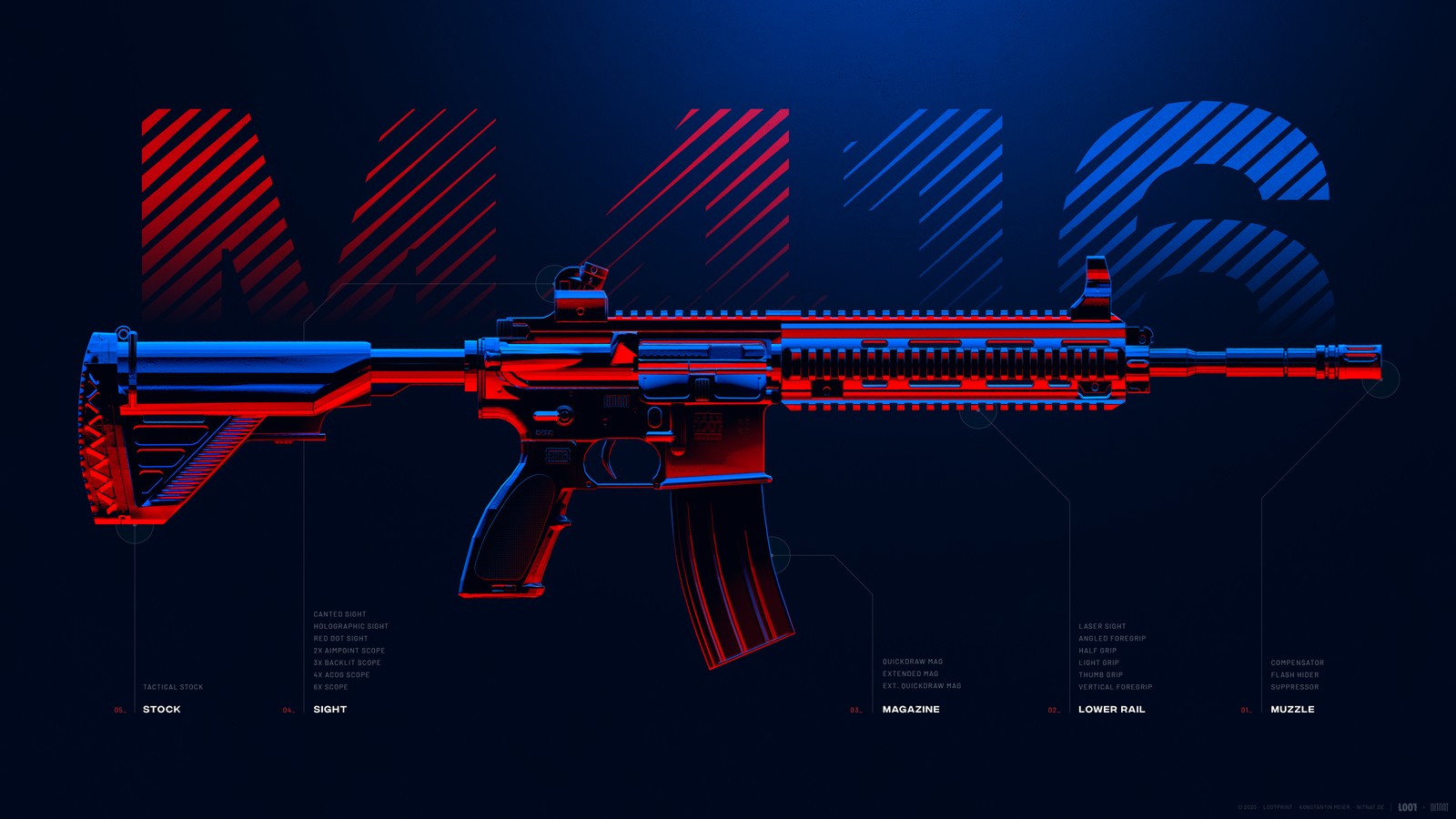 Um gráfico azul e vermelho de um fuzil com a letra g nele (m416, rifle de assalto, pubg mobile, playerunknowns battlegrounds, jogos)