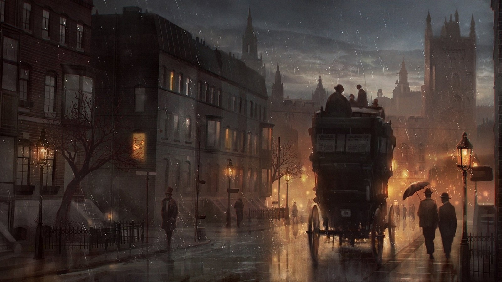 Duas pessoas caminhando na rua na chuva (londres, london, pintura, metrópole, cidade)