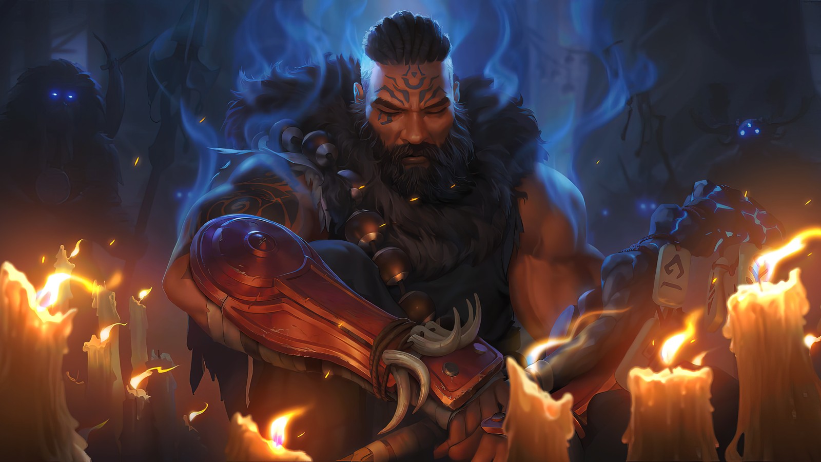 A man with a beard and a beard holding a sword in front of a fire (udyr, legends of runeterra, lor, video game, league of legends)