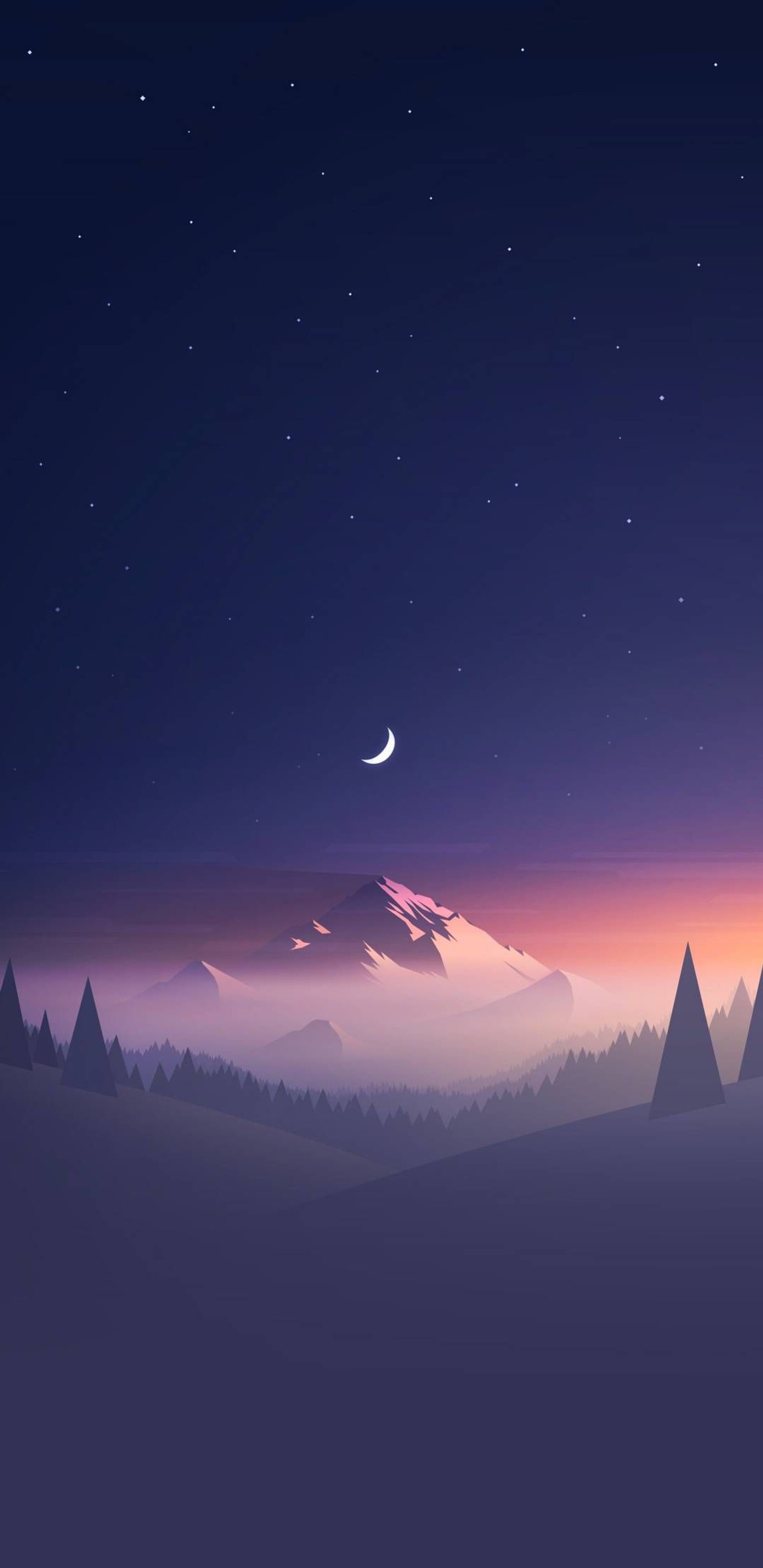 A view of a mountain range with a crescent in the sky (rock, night, mountains, mountain, sky)