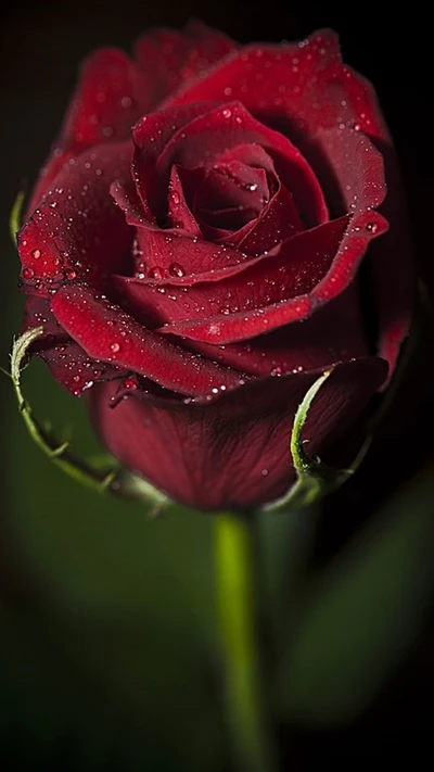 Elegante rosa roja con gotas de rocío