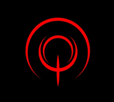 Red circular logo on a black background.