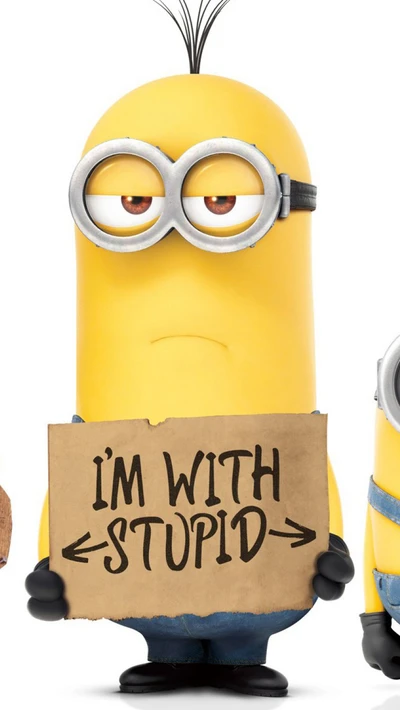 Minion mit 'Ich bin mit dem Dummen' Schild